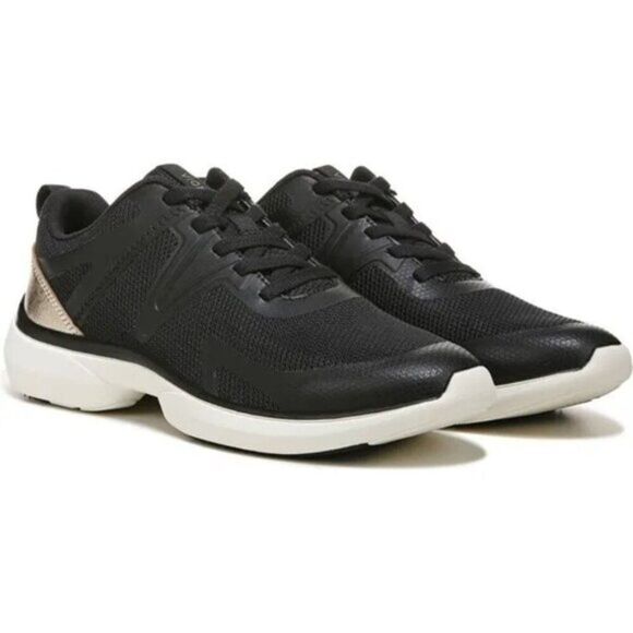 Vionic Leyo Sneakers Lace Up Low Top Mesh Metallic Leather Black - Picture 1 of 7